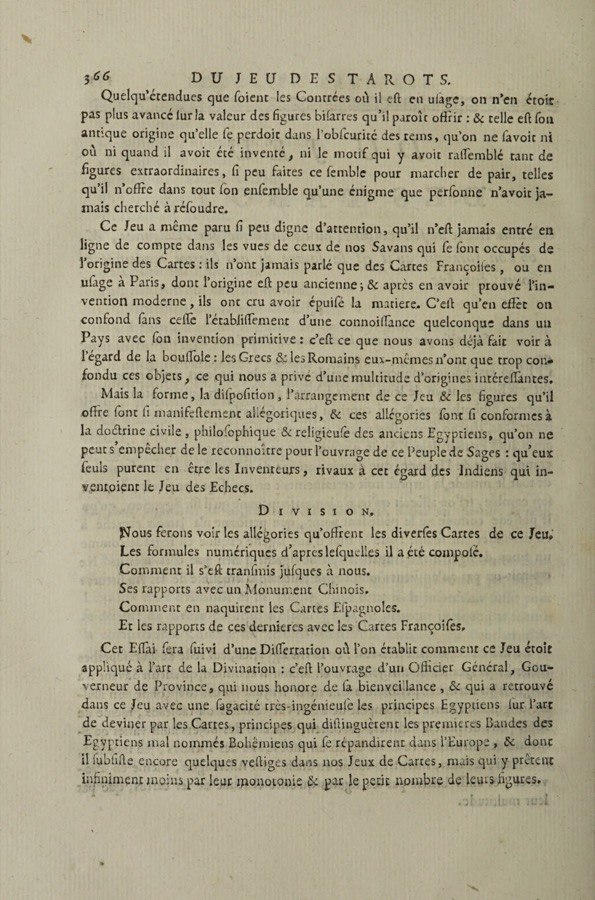 Court de Gébelin, Tarot Oyunu Üzerine