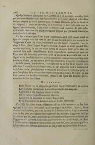 Court de Gébelin, Tarot Oyunu Üzerine